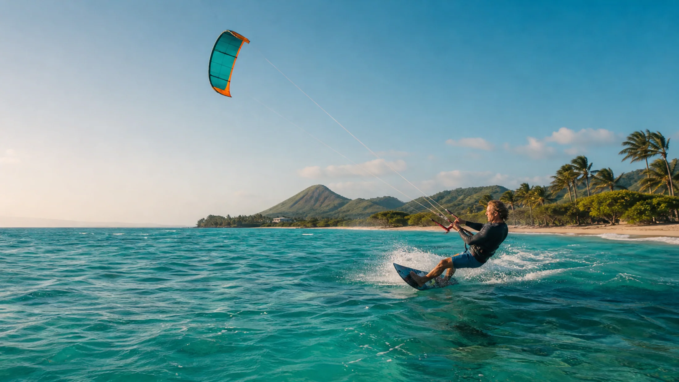 Kitesurfeur dans un lagon caribéen bordé de reliefs tropicaux