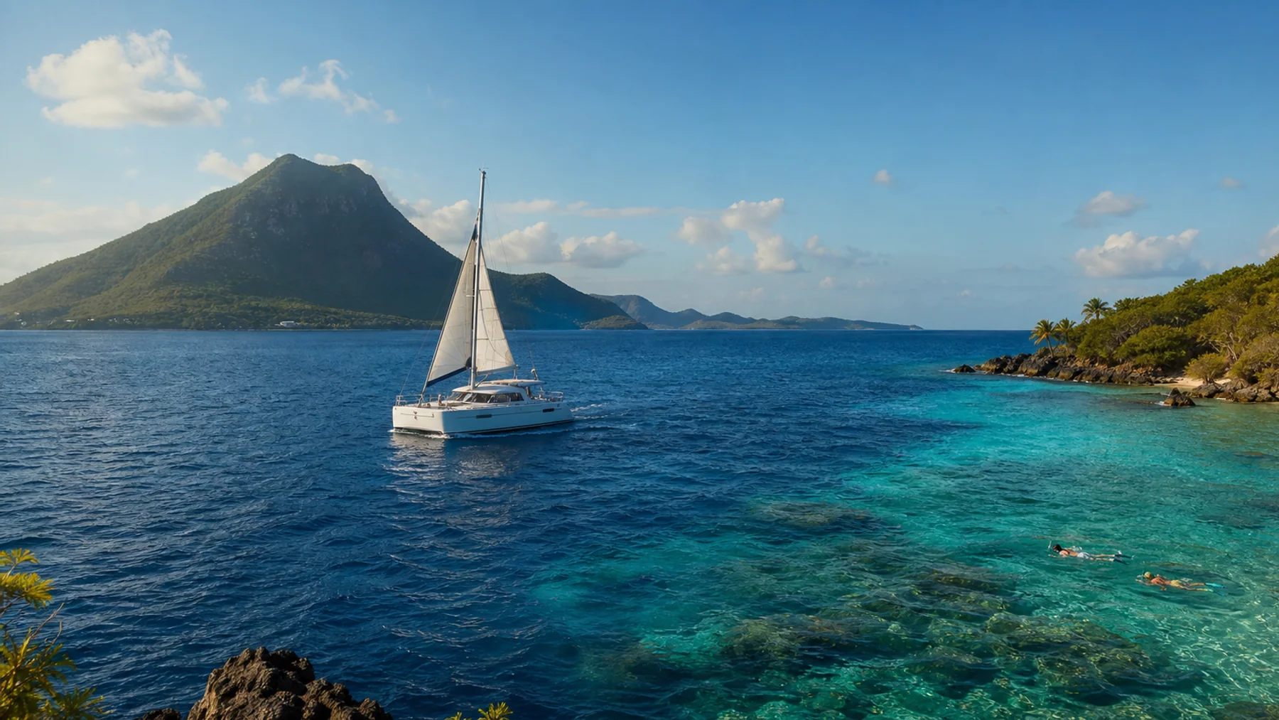 Catamaran naviguant entre des îles volcaniques des Caraïbes