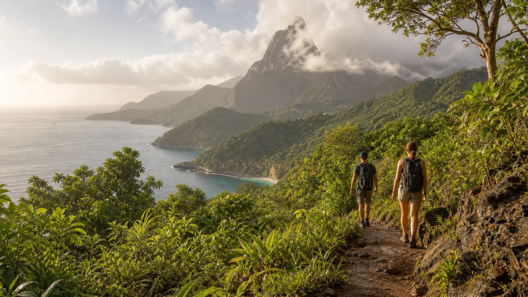 Randonneurs sur un sentier tropical face à une île volcanique