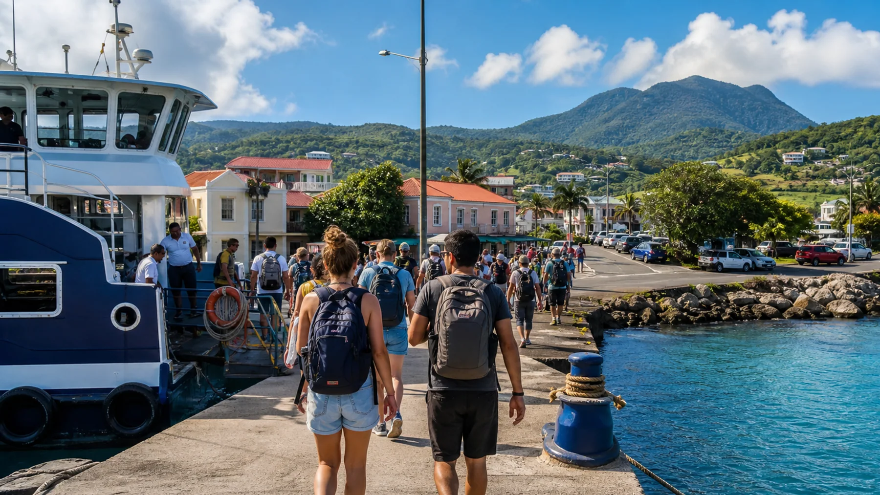 Voyageurs arrivant par ferry dans un port caribéen