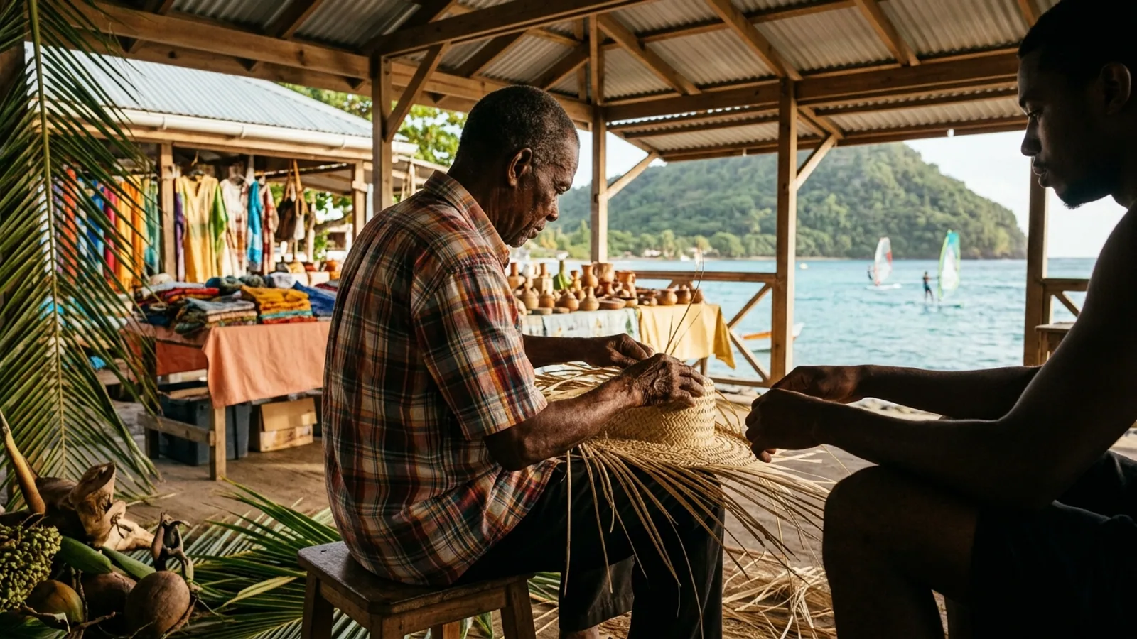 Scène de vie et couleurs d'un marché des Caraïbes, vue principale pour artisanat Martinique