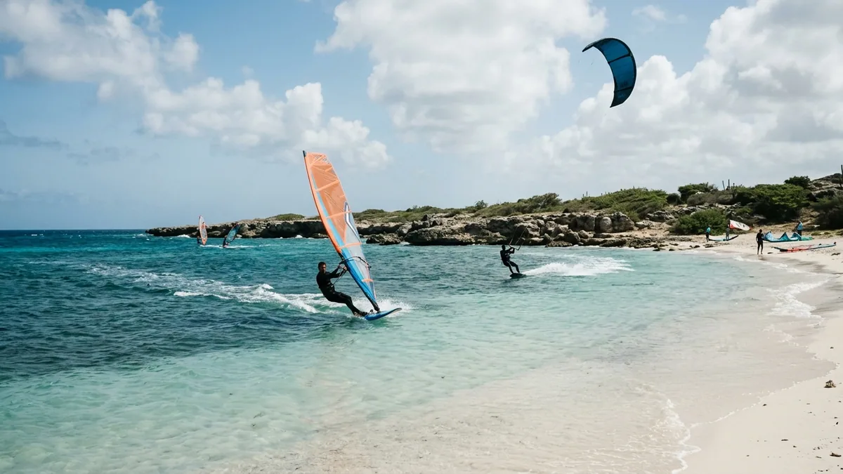 Aile de glisse portée par les alizés au-dessus d'un lagon caribéen, vue complémentaire pour Aruba sports nautiques