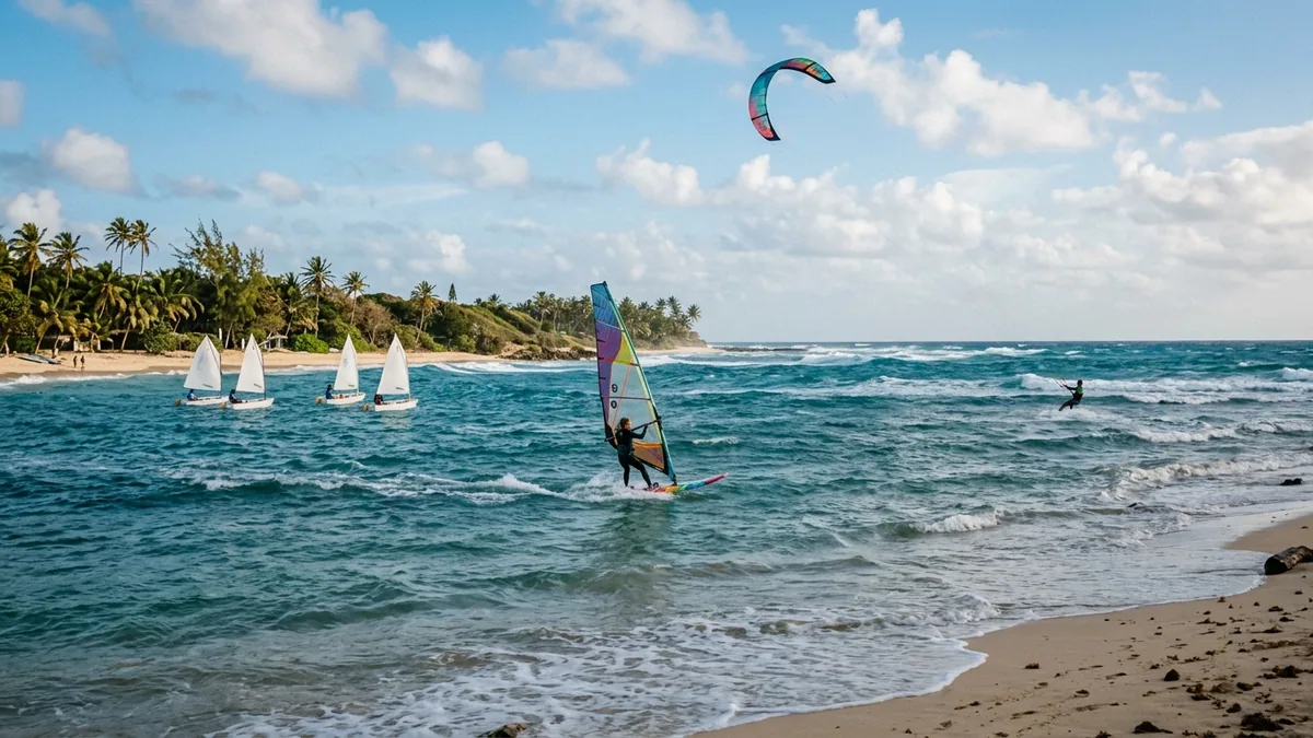Aile de glisse portée par les alizés au-dessus d'un lagon caribéen, vue complémentaire pour sports nautiques Barbade