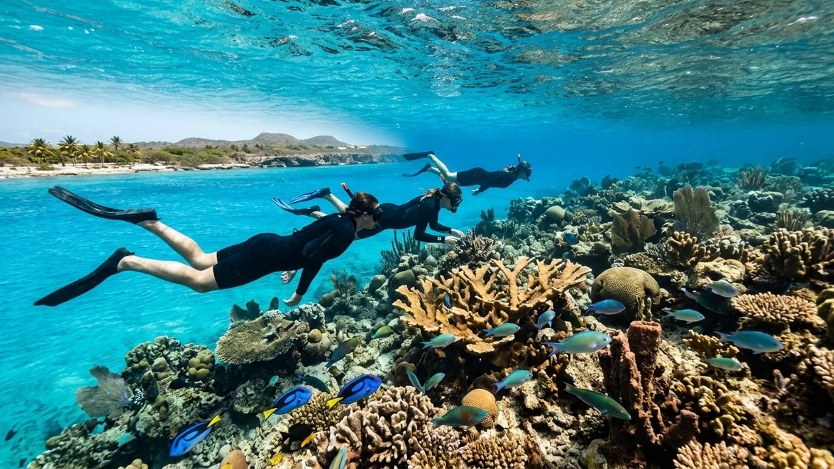 Fond marin tropical observé dans une eau claire des Caraïbes, vue complémentaire pour Bonaire plongée snorkeling