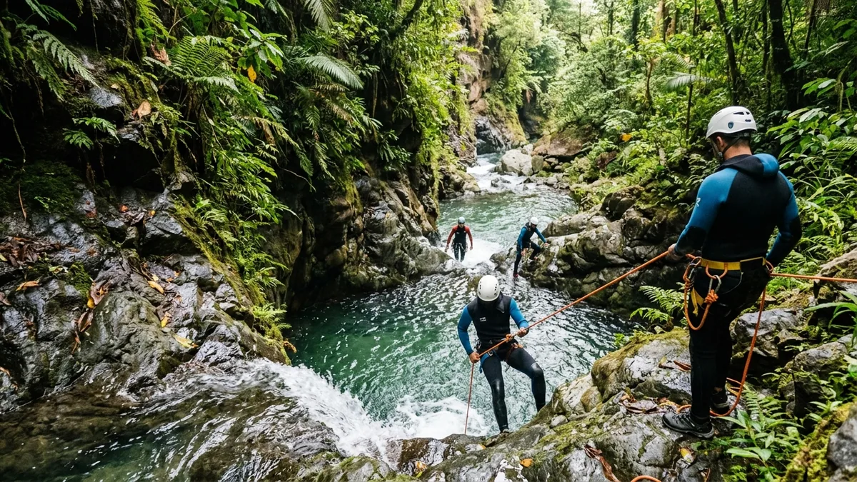 Sentier traversant une végétation tropicale humide, vue complémentaire pour canyoning Martinique