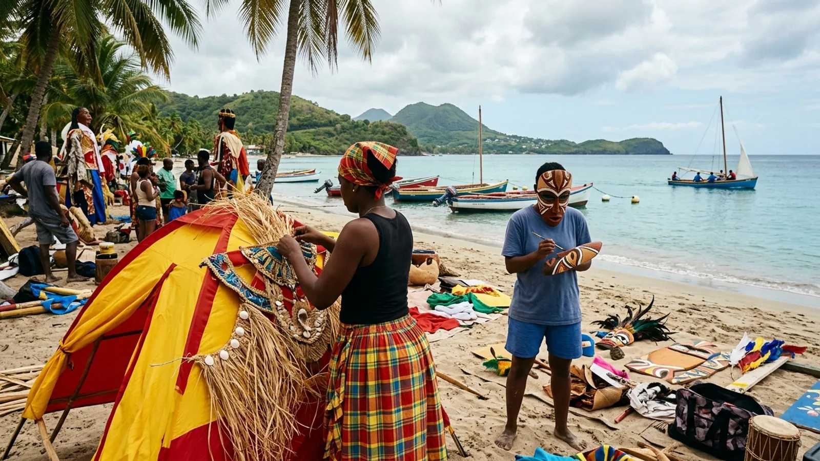 Scène de vie et couleurs d'un marché des Caraïbes, vue principale pour carnaval Martinique