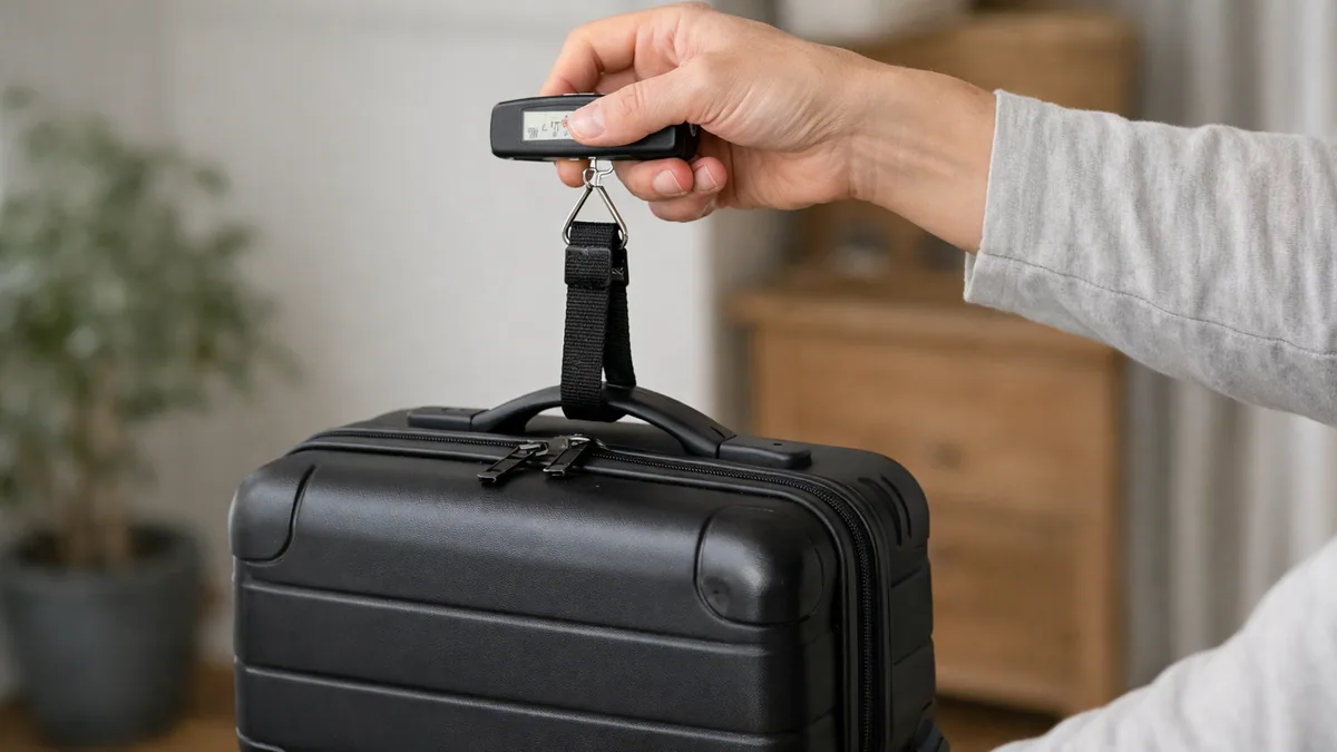 Valise suspendue à un montage de pesée improvisé