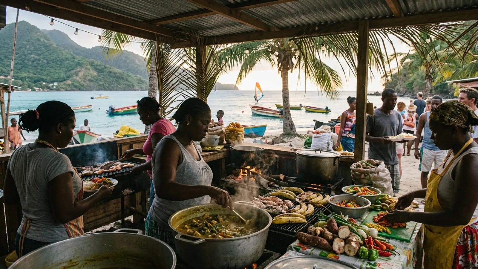 Scène de vie et couleurs d'un marché des Caraïbes, vue principale pour cuisine Caraïbes