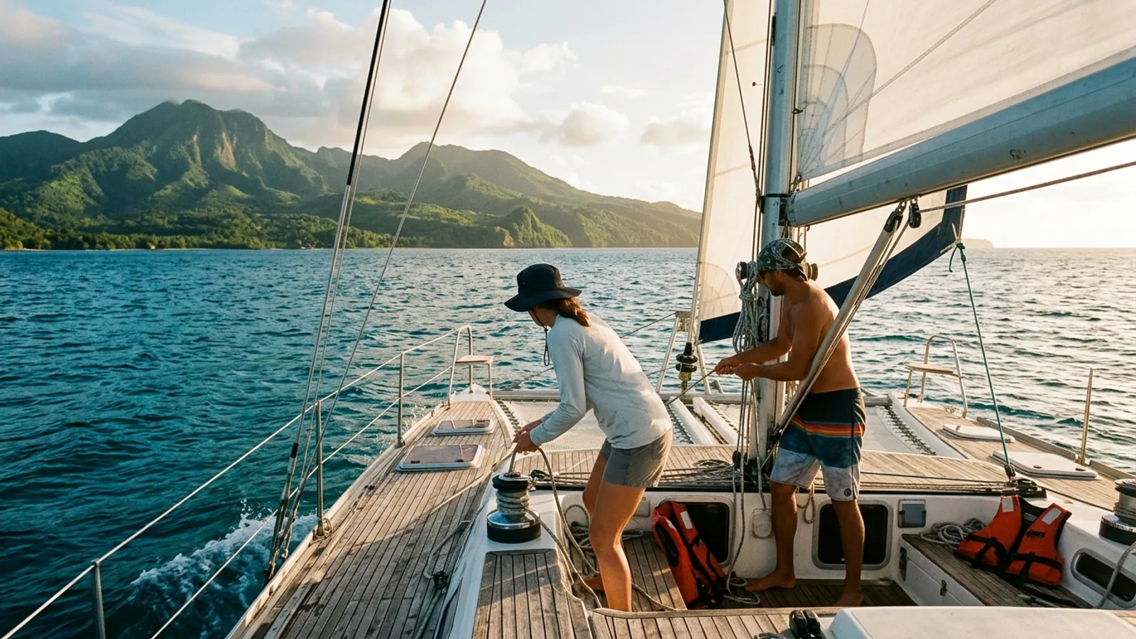 Île caribéenne entre mer, végétation et reliefs, vue principale pour ferry depuis Martinique