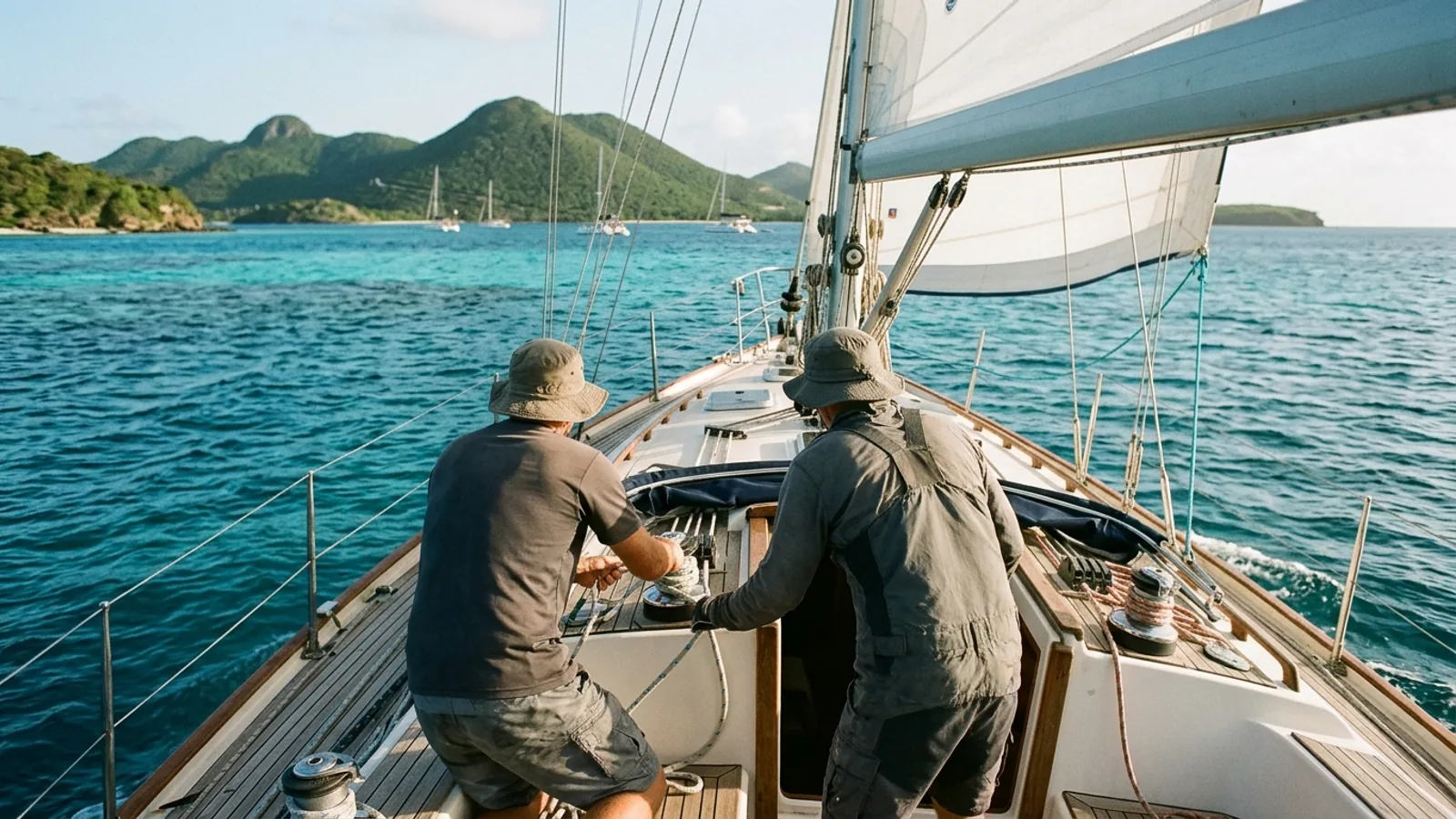 Île caribéenne entre mer, végétation et reliefs, vue principale pour Grenadines voilier