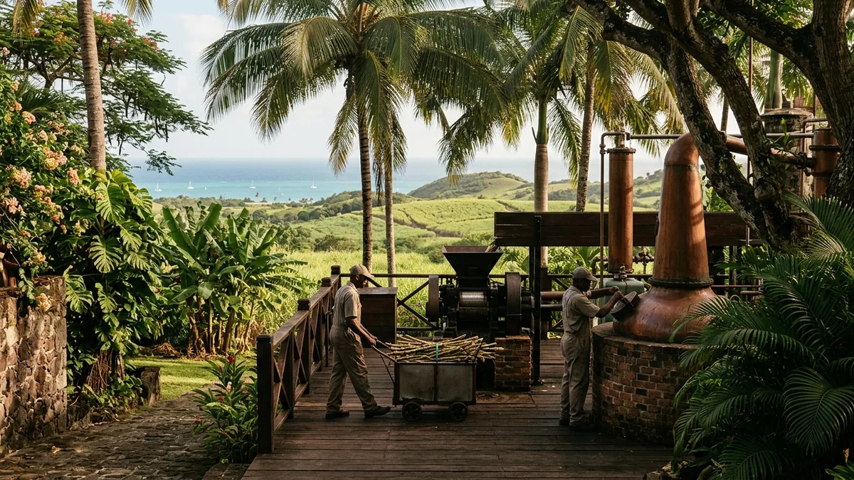 Produits locaux présentés sur un marché caribéen, vue complémentaire pour Habitation Clément visite