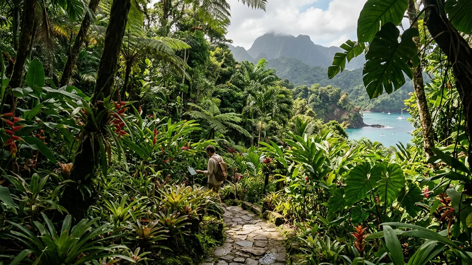 Reliefs volcaniques et forêt tropicale dans les Caraïbes, vue principale pour jardin botanique Martinique