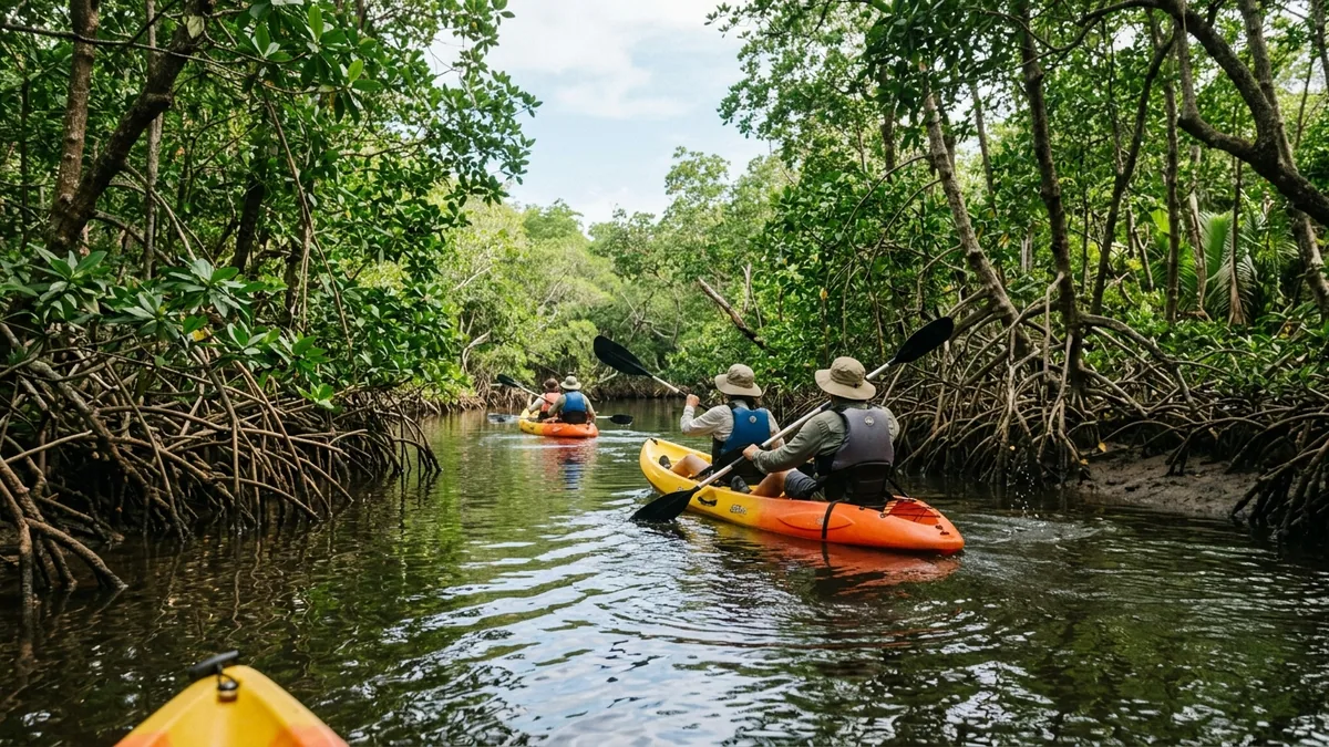 Sentier traversant une végétation tropicale humide, vue complémentaire pour kayak mangrove Martinique