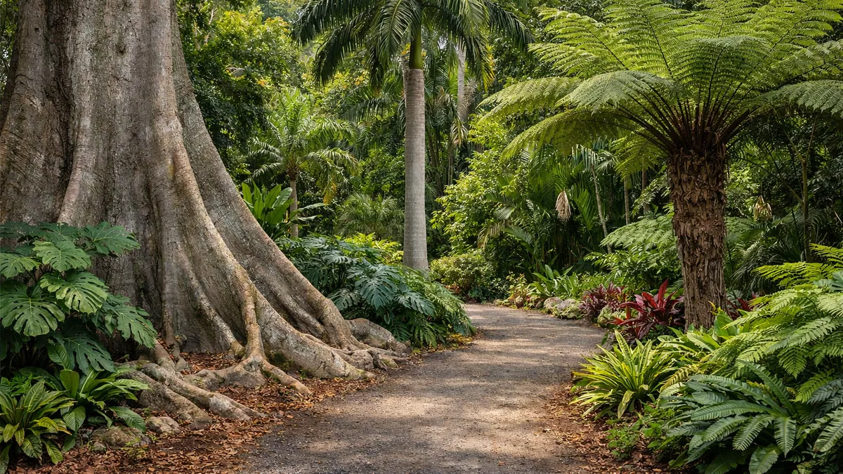 Diversité des troncs et feuillages d'arbres tropicaux