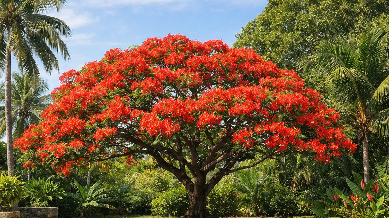Flamboyant rouge et palmiers dans un jardin tropical antillais