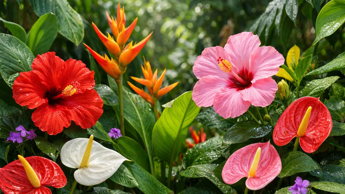 Hibiscus et heliconias observés dans un jardin tropical