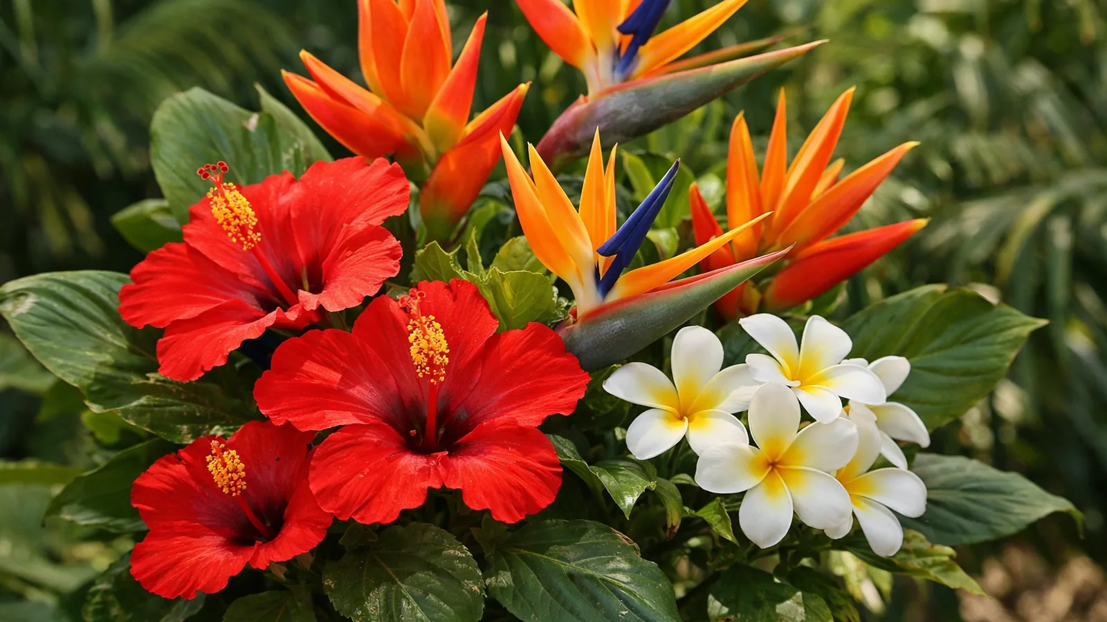 Composition d'hibiscus, heliconias et fleurs tropicales colorées