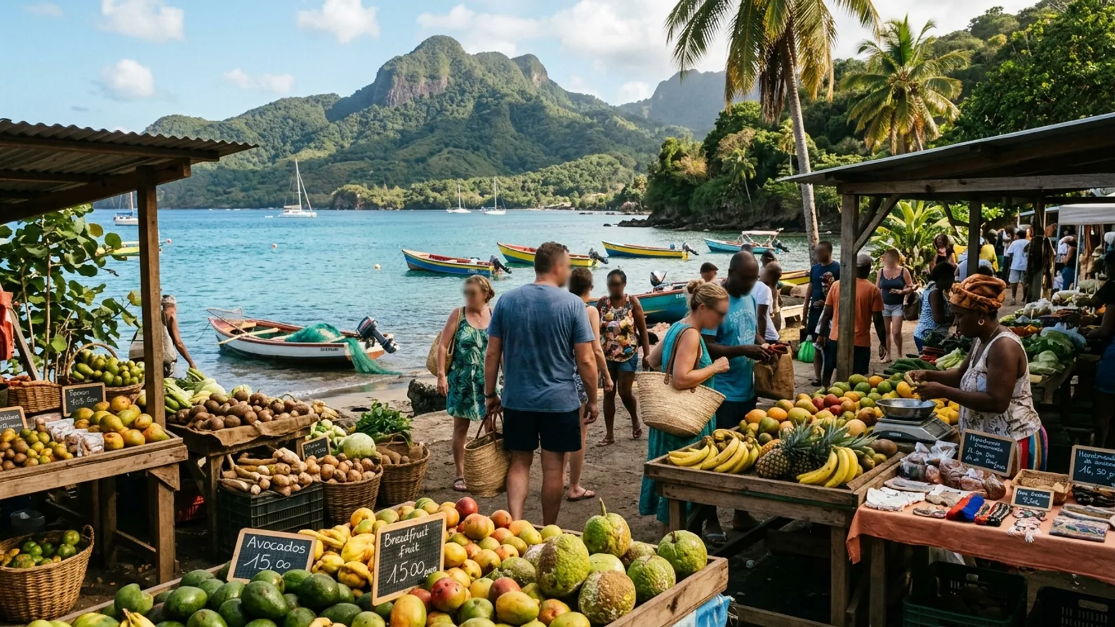 Scène de vie et couleurs d'un marché des Caraïbes, vue principale pour manger local Martinique