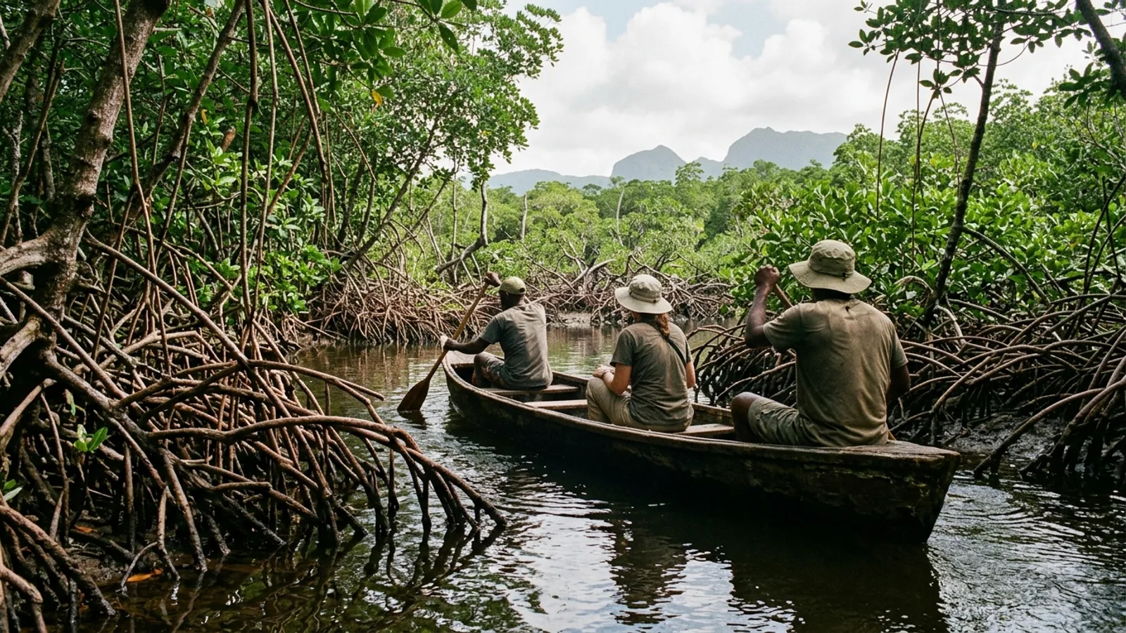 Reliefs volcaniques et forêt tropicale dans les Caraïbes, vue principale pour mangrove Martinique