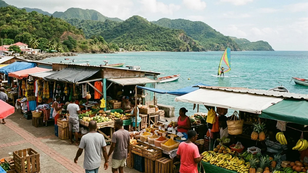 Produits locaux présentés sur un marché caribéen, vue complémentaire pour marché Guadeloupe