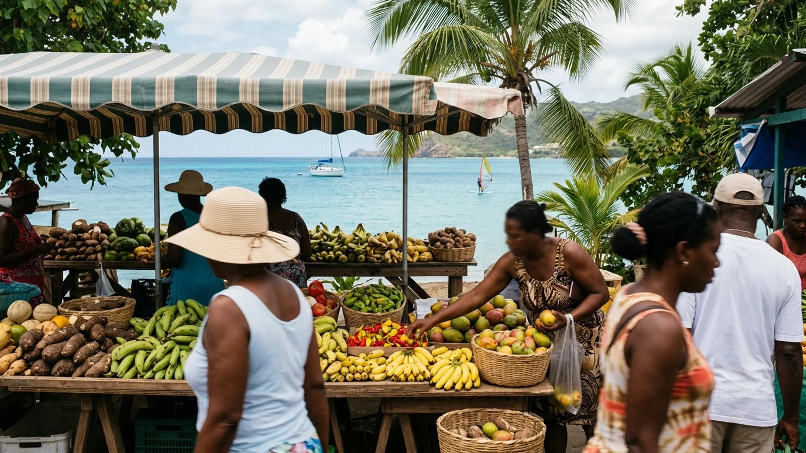 Scène de vie et couleurs d'un marché des Caraïbes, vue principale pour marché Guadeloupe