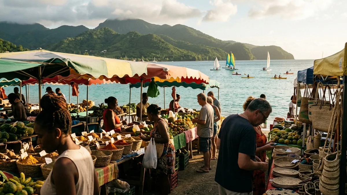 Produits locaux présentés sur un marché caribéen, vue complémentaire pour marché Martinique