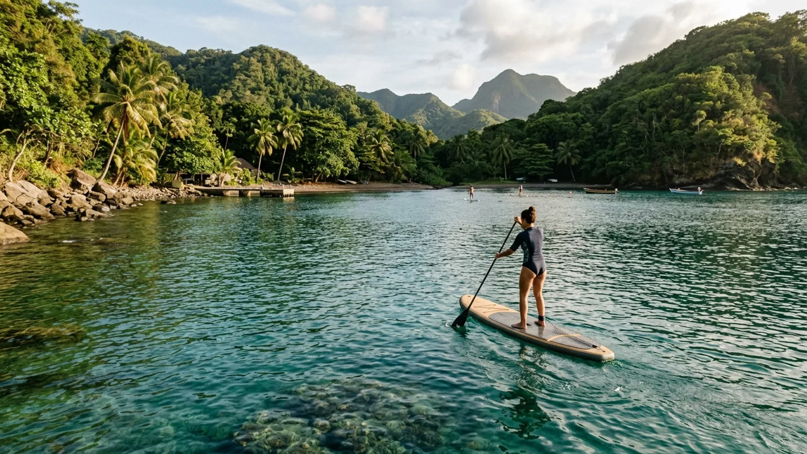Reliefs volcaniques et forêt tropicale dans les Caraïbes, vue principale pour paddle Martinique