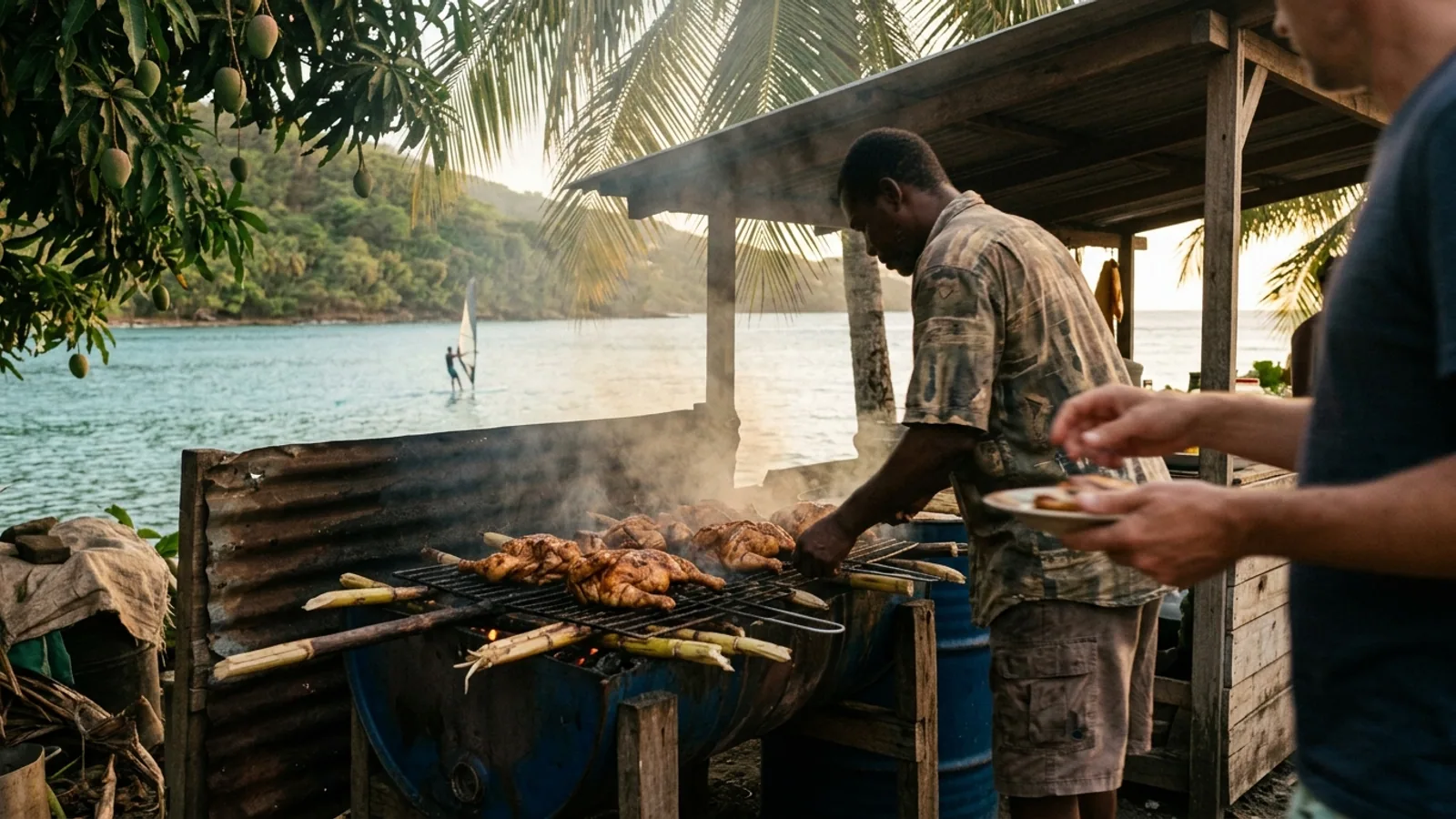Scène de vie et couleurs d'un marché des Caraïbes, vue principale pour poulet boucané Martinique