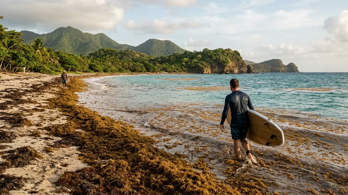 Côte tropicale et reliefs observés pendant un voyage actif, vue complémentaire pour sargasses Caraïbes voyage