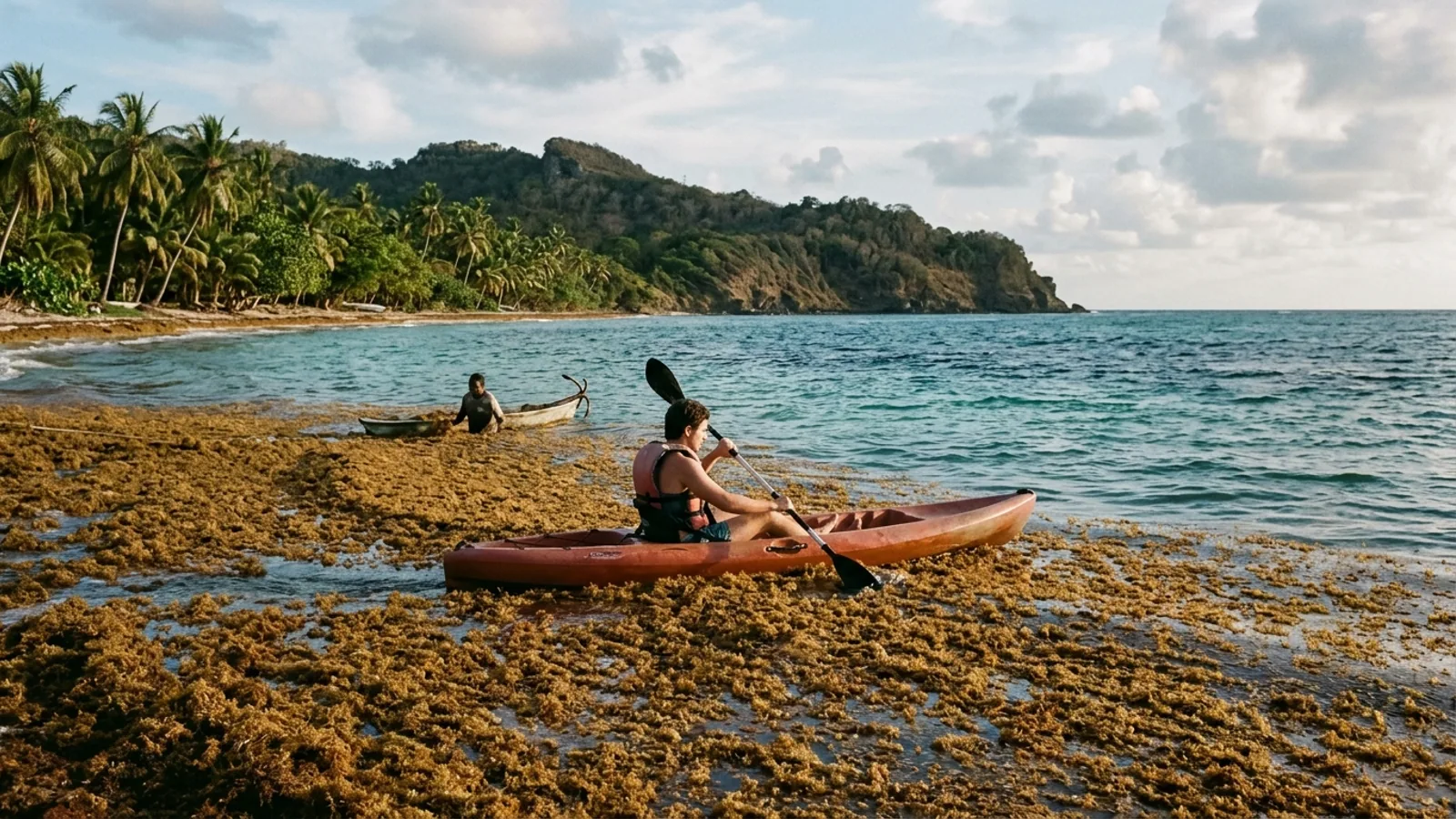 Île caribéenne entre mer, végétation et reliefs, vue principale pour sargasses Caraïbes voyage