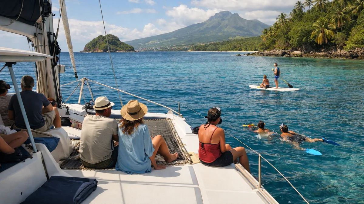 Voilier naviguant entre deux îles volcaniques des Caraïbes, vue complémentaire pour catamaran Martinique