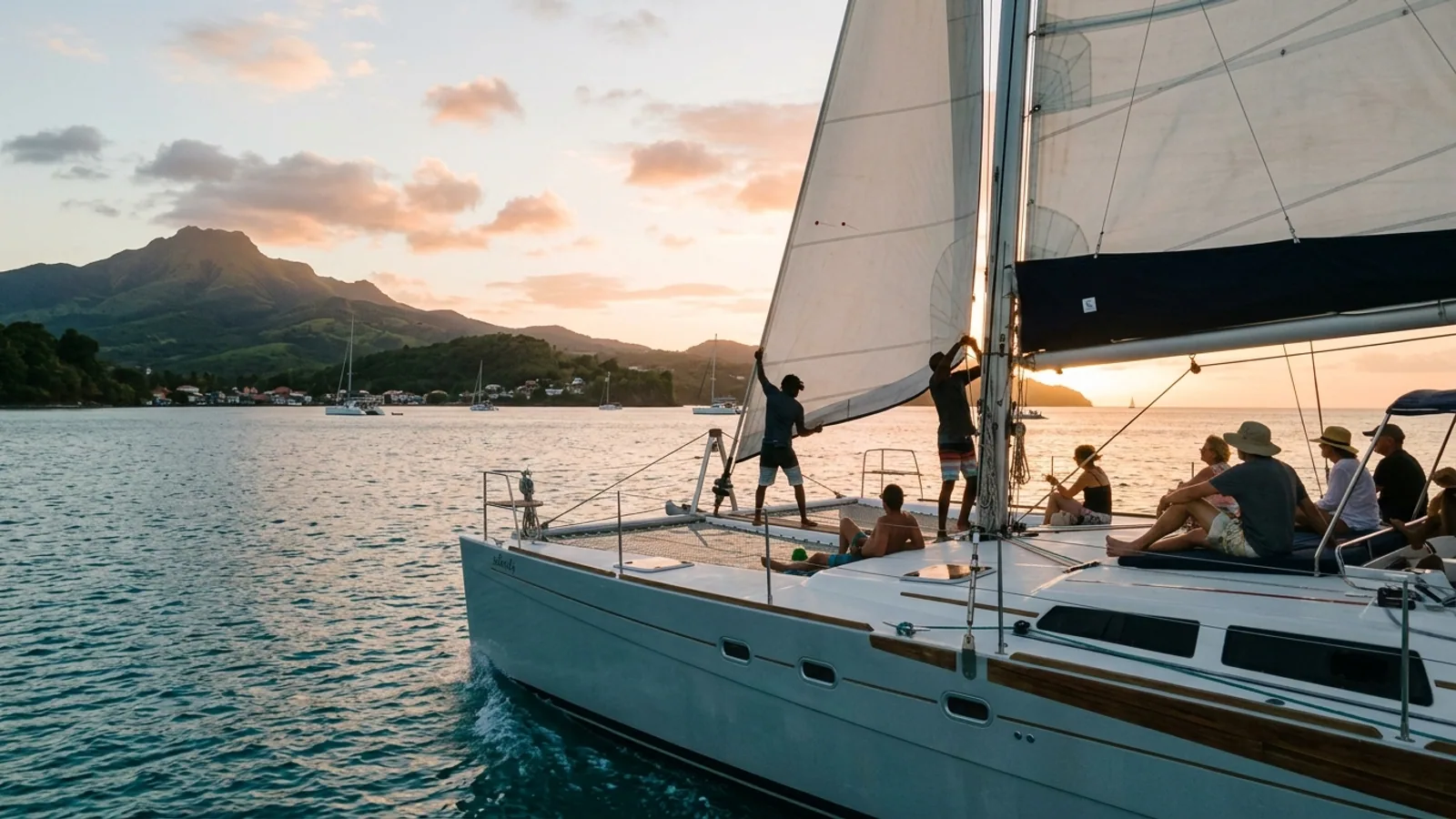Navigation à la voile le long d'une île caribéenne, vue principale pour catamaran Martinique