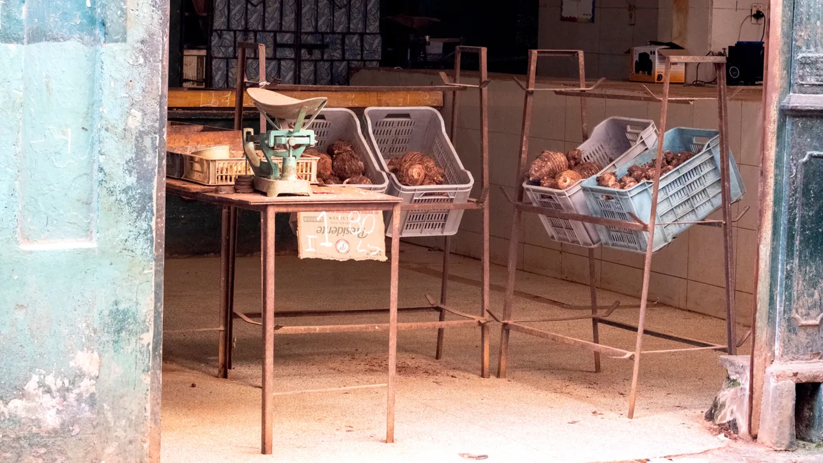 Produits locaux présentés sur un marché caribéen, vue complémentaire pour spécialités martiniquaises