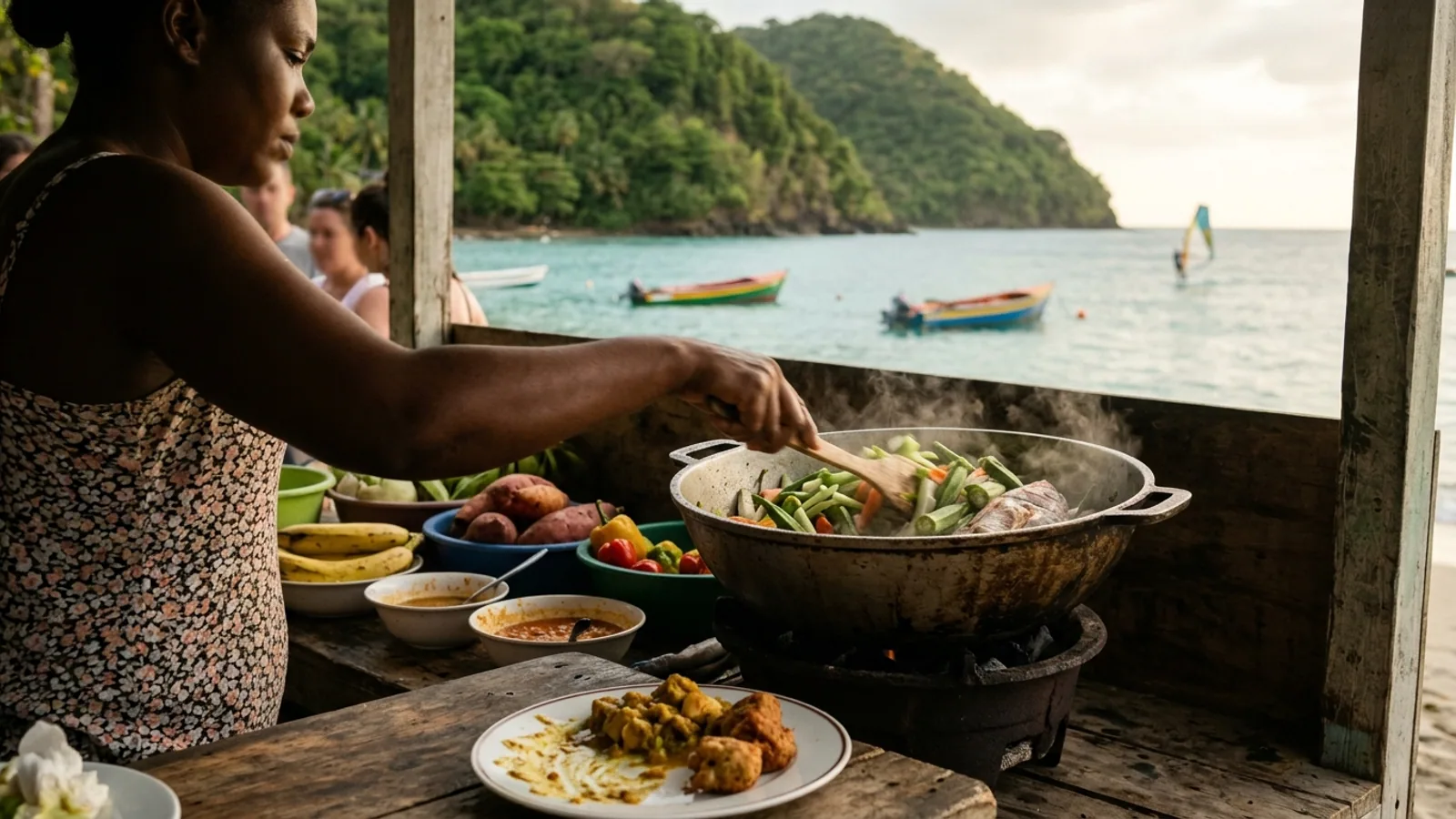 Scène de vie et couleurs d'un marché des Caraïbes, vue principale pour spécialités martiniquaises