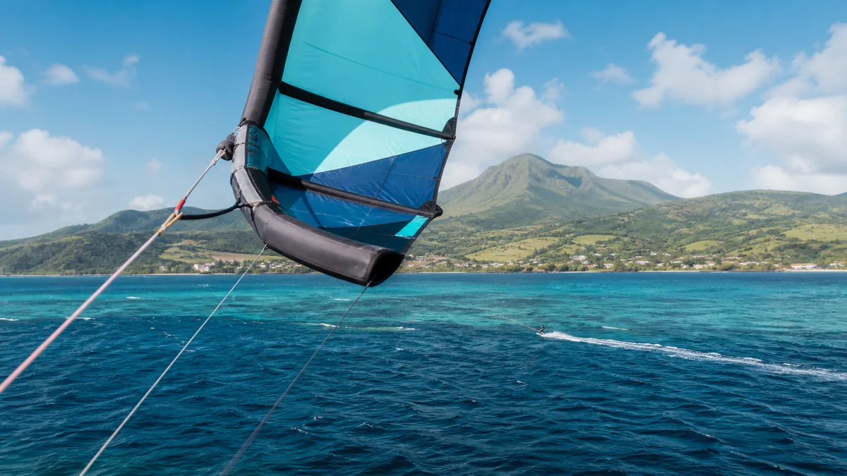 Aile de kitesurf au-dessus d'un lagon caribéen, vue complémentaire pour spot kitesurf Martinique