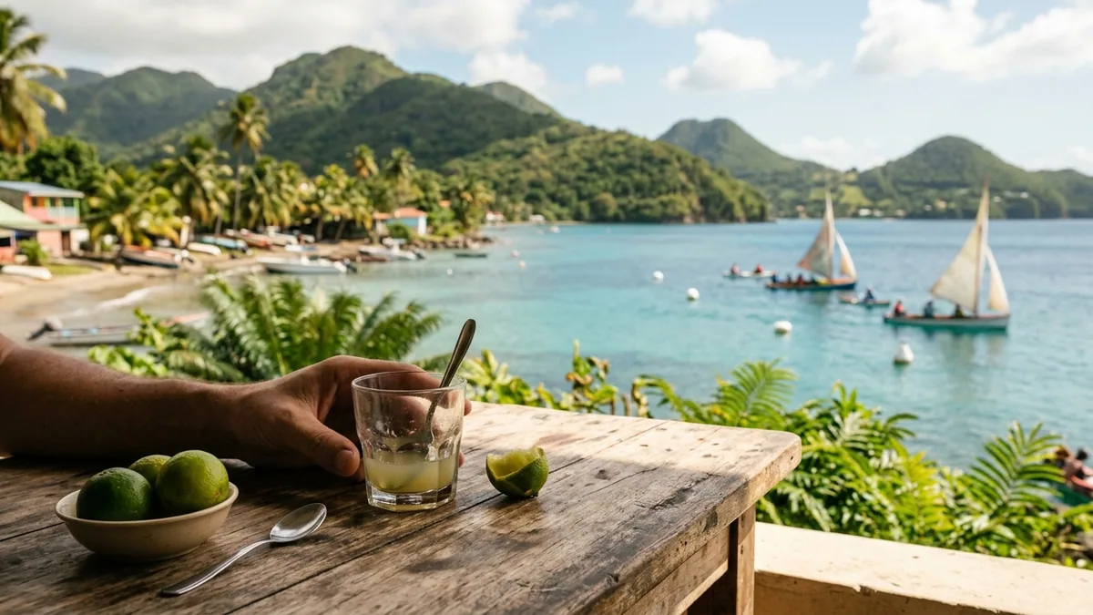 Produits locaux présentés sur un marché caribéen, vue complémentaire pour ti-punch Martinique