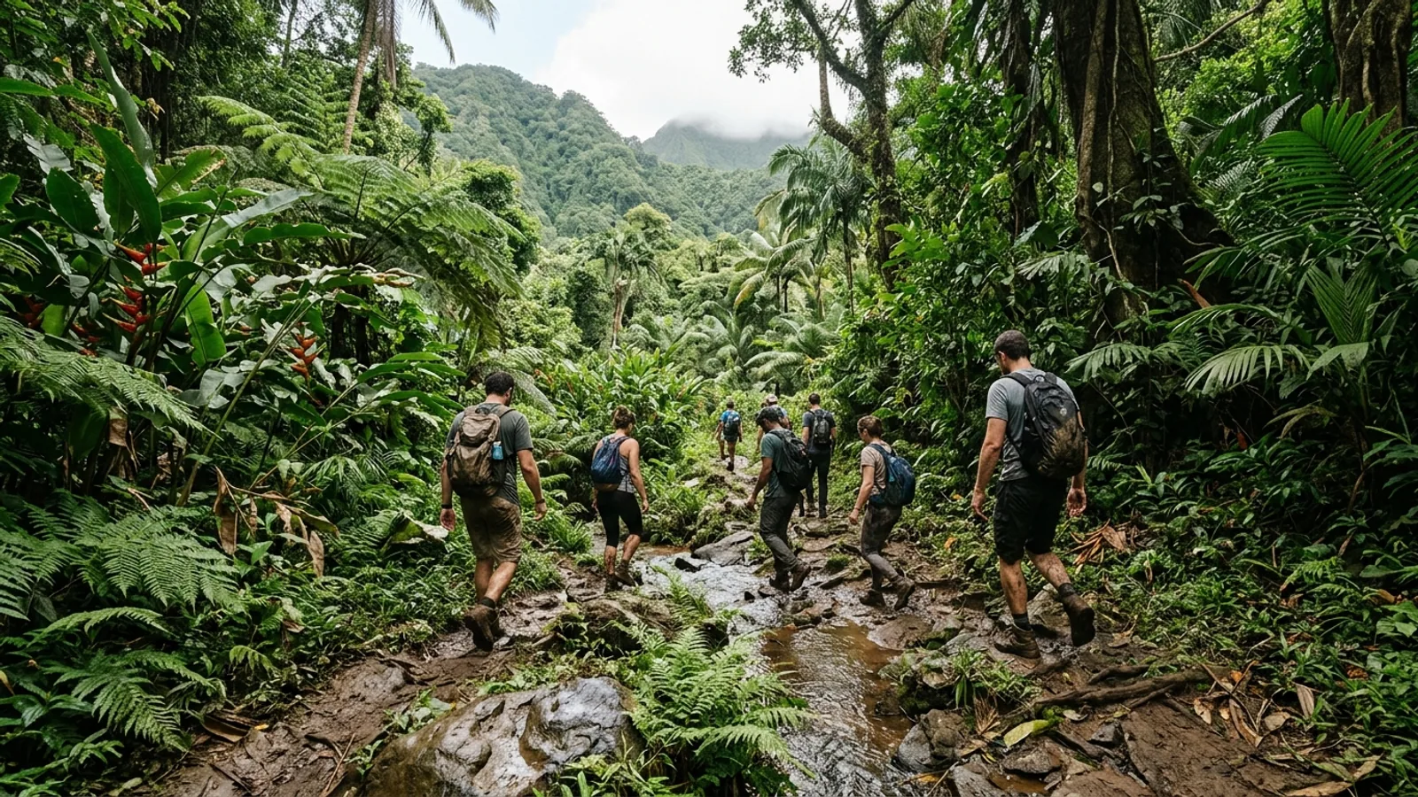 Reliefs volcaniques et forêt tropicale dans les Caraïbes, vue principale pour trace des Jésuites Martinique
