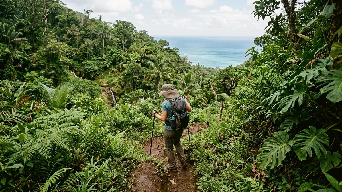 Sentier traversant une végétation tropicale humide, vue complémentaire pour Waitukubuli Trail Dominique
