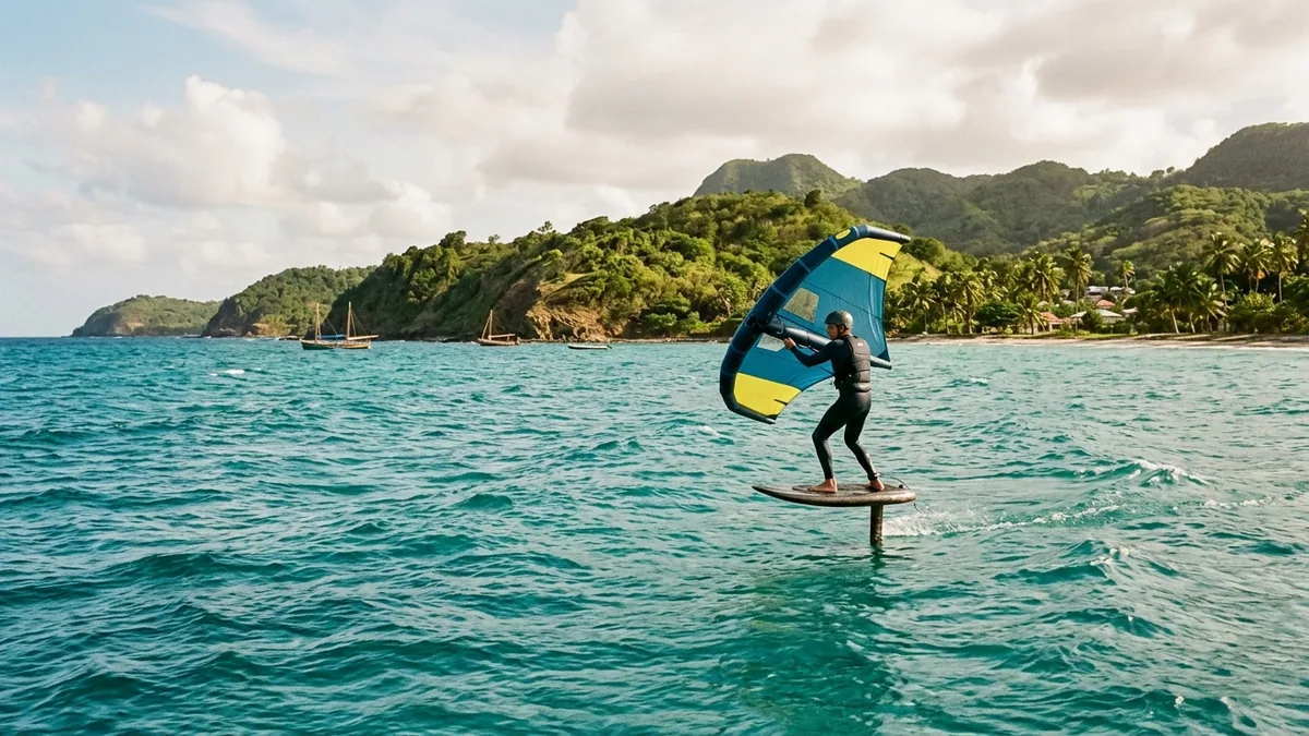 Aile de glisse portée par les alizés au-dessus d'un lagon caribéen, vue complémentaire pour wingfoil Caraïbes