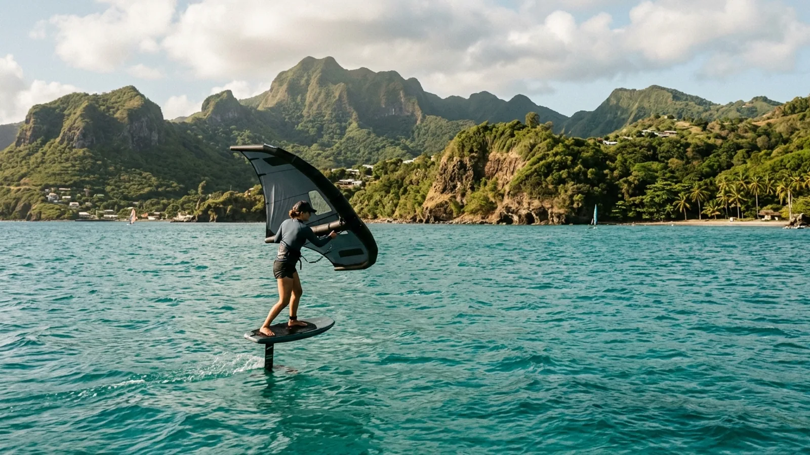 Pratiquant de sport de glisse sur une côte caribéenne, vue principale pour wingfoil Caraïbes